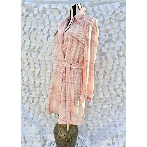 Lauren Conrad Pink Plaid Trench coat Very Berry Large Cotton Rayon SPRINGY - Picture 3 of 10